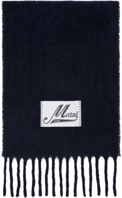 Marni Navy Brushed Alpaca Logo Scarf In 00b99 Blublack