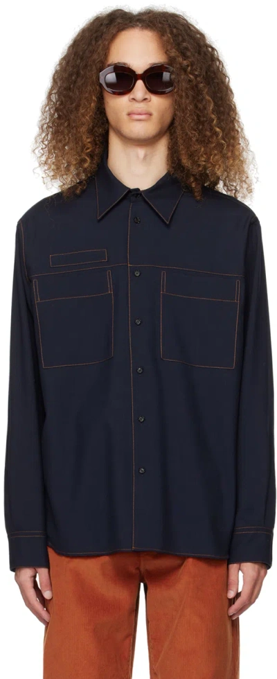 Marni Navy Contrast Stitch Shirt In 00b99 Blublack