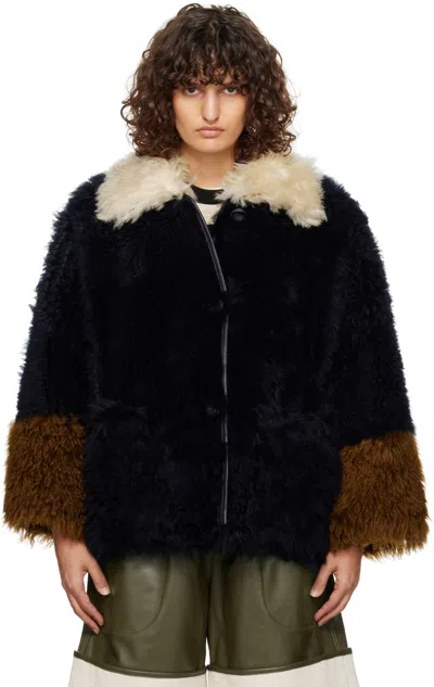 Marni Navy Contrast Trim Shearling Jacket In Rob81 Light Navy