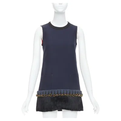 Pre-owned Marni Navy Copper Fringe Bead Embellished Hem Tunic Dress It38 Xs In Blue