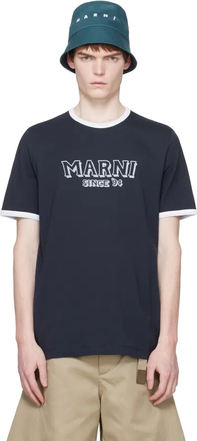 Marni Navy Cotton Contrast Trims T-shirt In Multi