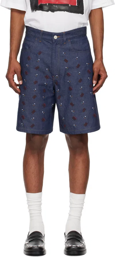Marni Navy Embroidered Denim Shorts