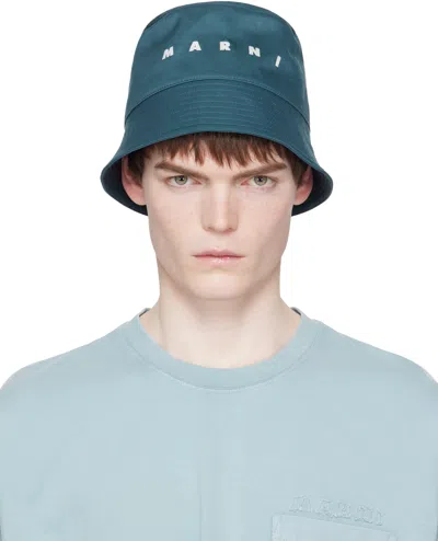 Marni Navy Embroidered Logo Water-repellent Gabardine Bucket Hat In Blue