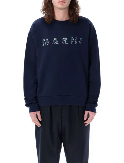 Marni Navy Logo Flowers Sweater For Men | Ss24 Collection