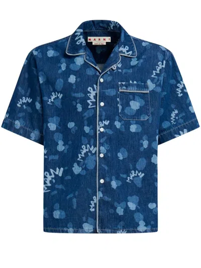 Marni Navy Printed Denim Shirt For Men In Blue