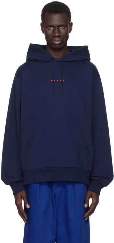 Marni Navy Printed Logo Hoodie In Lob95 Blue Kyanite