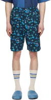 Marni Single-pleated Poplin Cotton Shorts With All-over Logo In Mdb80 Ink