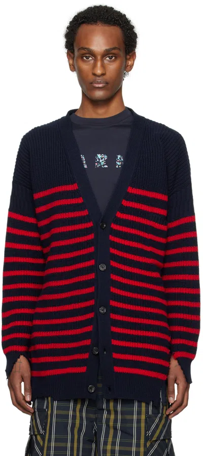 Marni Distressed Striped Knit Cardigan In Blue