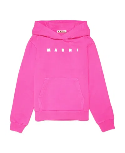 Marni Neon Pink Cotton Hooded Sweatshirt With Logo