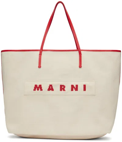 Marni Off-white Medium Janus Reversible Tote In Zo727 Ivory/red