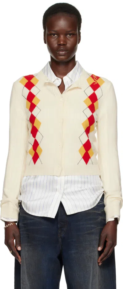 MARNI OFF-WHITE WOOL ARGYLE CARDIGAN