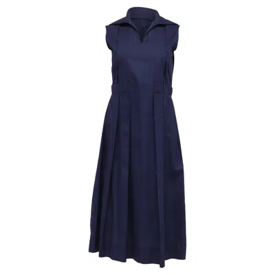 Marni Open-collar Pleated Midi Dress In Navy Blue Cotton