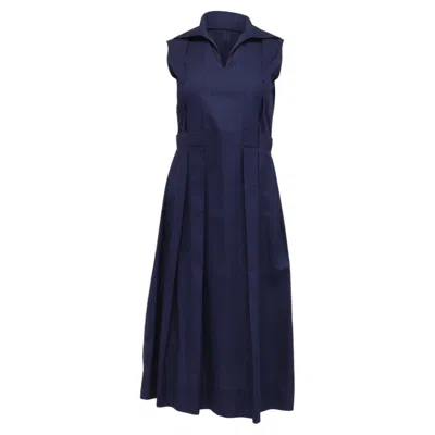 Pre-owned Marni Open-collar Pleated Midi Dress In Navy Blue Cotton