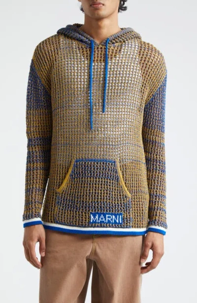 Marni Openwork Marled Cotton Sweater Hoodie In Vivid Blu