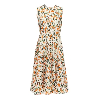 Pre-owned Marni Orange Cream Cotton Tulip Floral Print Midi Summer Dress It44 L In White
