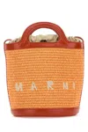 Marni Mini Two-tone Leather And Raffia Tropicalia Bucket Handbag In Orange