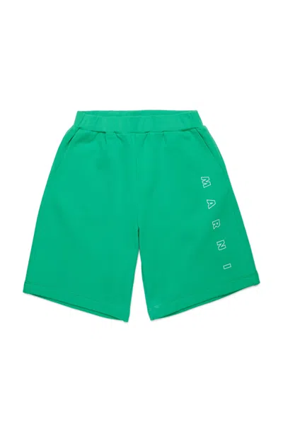 Marni Outline Branded Fleece Shorts In Green