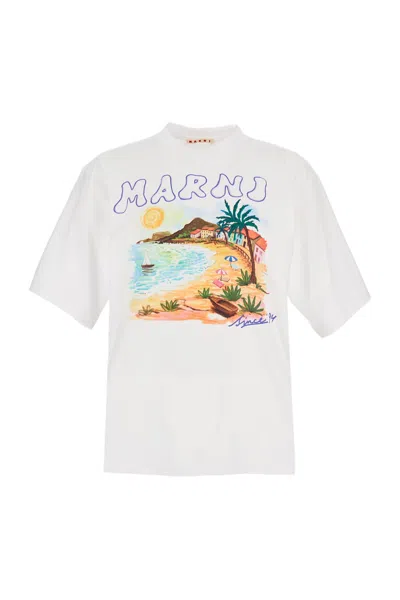 Marni Oversized Crew Neck T-shirt With Multicolor Beach Scene Print In White