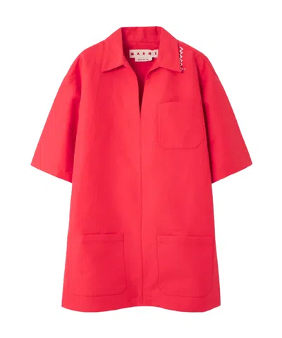 Marni Oversized Embroidered Cotton Mini Dress In Red