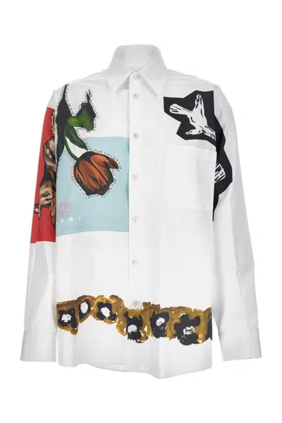 Marni Oversized Printed Cotton Shirt With Floral In White