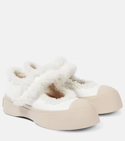 Marni White Mary Jane Pablo Shearling Ballerina Flats In Zl835 Ivory/lily Whi