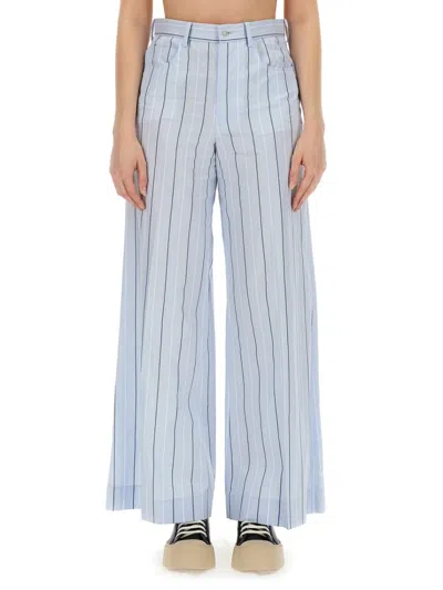 Marni Embroidered Striped Cotton Wide-leg Pants In Blue