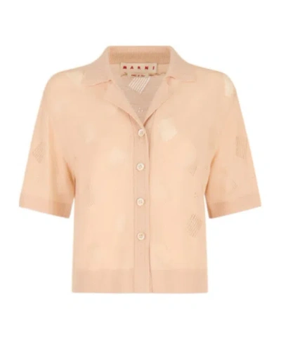 Marni Pale Peach Wool-silk Knit Openwork Shirt In Pinkish