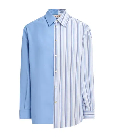 Marni Panelled Half-and-half Cotton Shirt In Blue