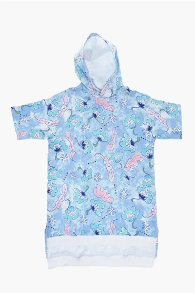 Marni Kids' Patterned Brushed Cotton Dress With Hood In Blue