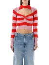 Marni Cropped Wool Sweater With Pink And Red Stripes In Peach