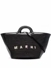 Marni Women Black Leather And Raffia Small Tropicalia Summer Handbag
