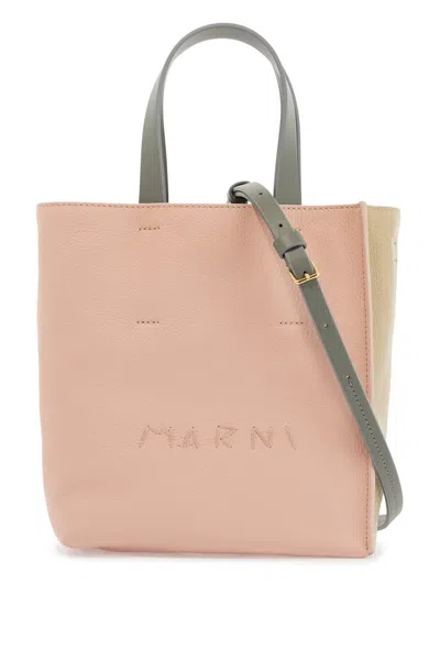 Marni Pink And Beige Calfskin Shopping Bag With Gray Handles In Cream