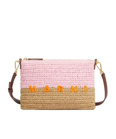 Marni Pink And Brown Paper Raffia Seaside Pouch