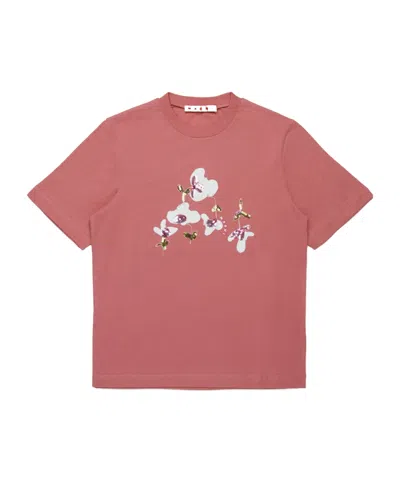 Marni Pink Cotton T-shirt With Sequin Ninfee Print