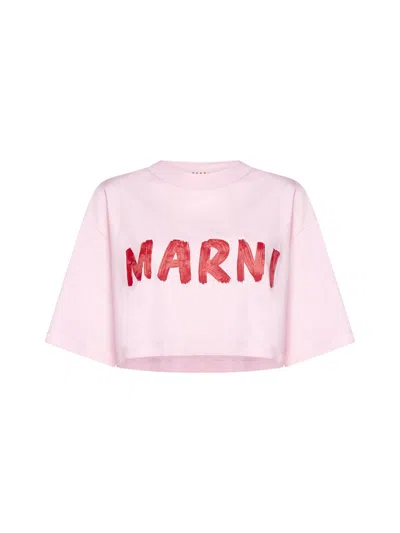 MARNI PINK CROPPED T-SHIRT WITH LOGO PRINT IN COTTON WOMAN