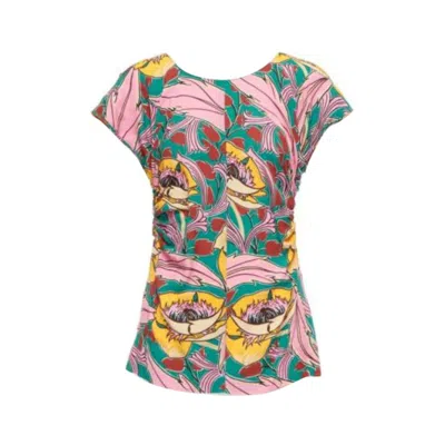 Pre-owned Marni Pink Green Floral Illustration Print Gathered Side Cap Sleeve Top It38 Xs