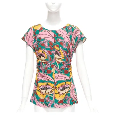 Pre-owned Marni Pink Green Floral Illustration Print Gathered Side Cap Sleeve Top It38 Xs