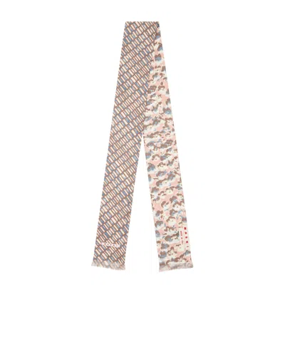 Marni Pink Silk Scarf With Contrast Prints In Brown