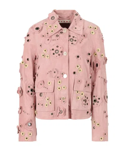 MARNI PINK SUEDE JACKET WITH FLOWER APPLIQUÉS