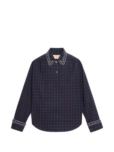 Marni Plaid Broderie Anglaise Shirt In Blue