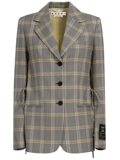 Marni Plaid-check Single-breasted Ripped Blazer In Gray
