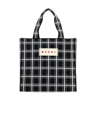 Marni Plaid Logo-tag Tote In Black