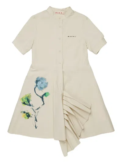 Marni Kids' Pleated Floral-print Cotton Dress In Neutral
