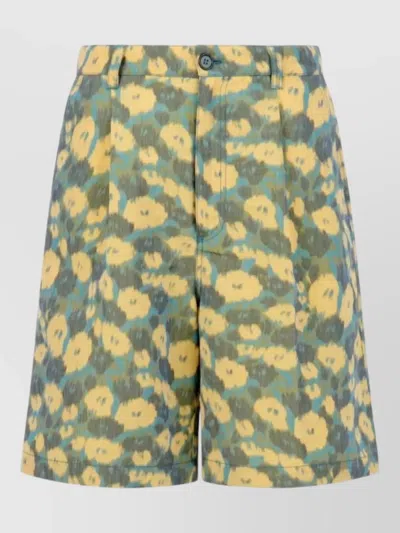 Marni Pleated Floral Print Linen Blend Shorts In Multi