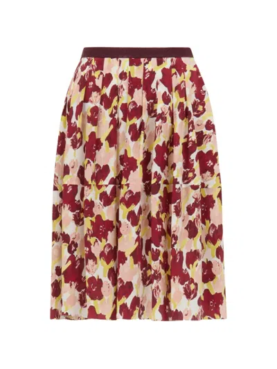 Marni Pink And Burgundy Silk Pleated Skirt With Secret Bouquet Print In Multi