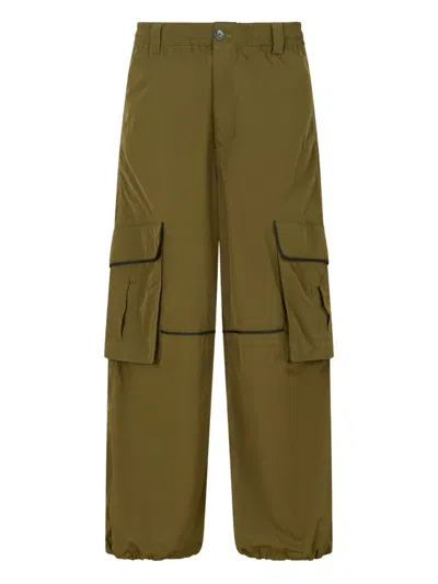 Marni Green Crinkled Nylon Cargo Trousers With Contrast Piping