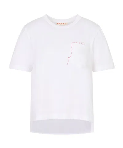 Marni Mending Logo Cotton Poplin Pocket T-shirt In White
