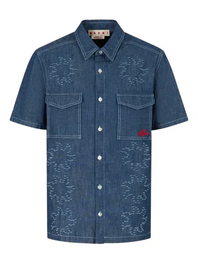 Marni Mens Denim Effect Cotton Shirt Short Sleeves In Blue