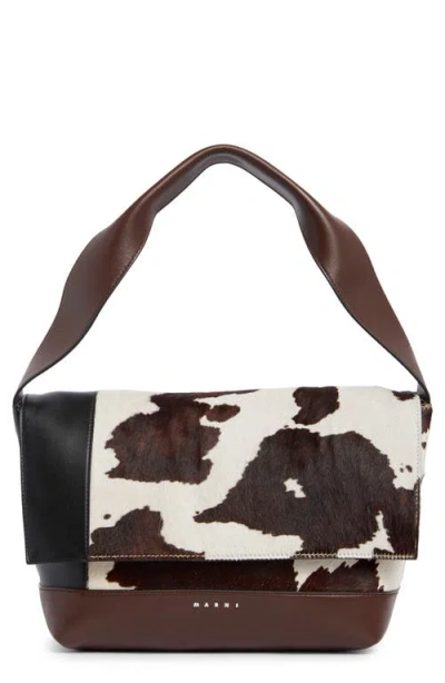 Marni Pod Pochette Leather & Calf Hair Shoulder Bag In Black7brown/sudan