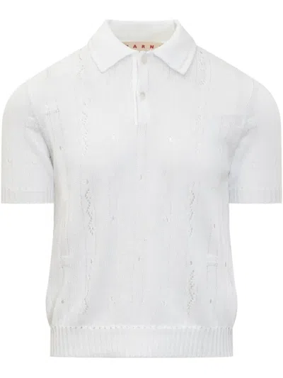 Marni Pointelle-knit Polo Shirt In White